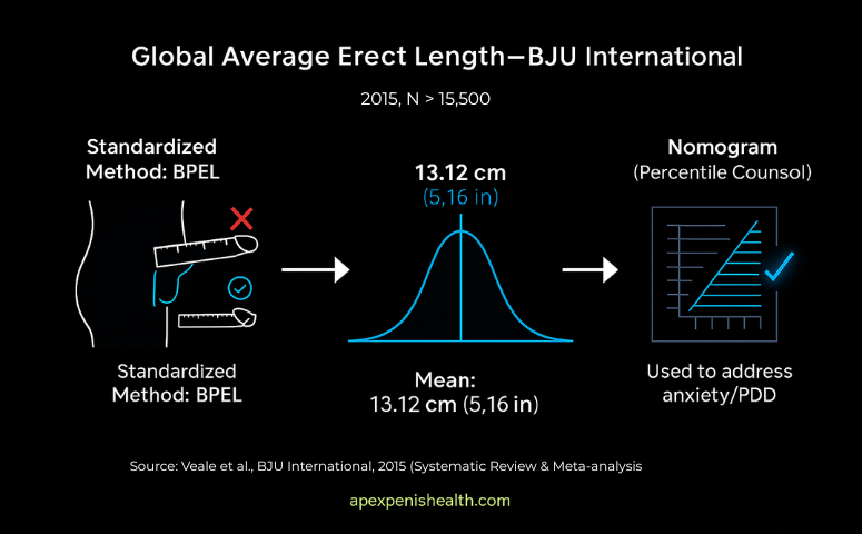 Infographic showing the global average erect penis length of 13.12 cm (5.16 in) from the 2015 BJU International study using bone-pressed erect length (BPEL), with nomogram chart for anxiety and PDD counseling.