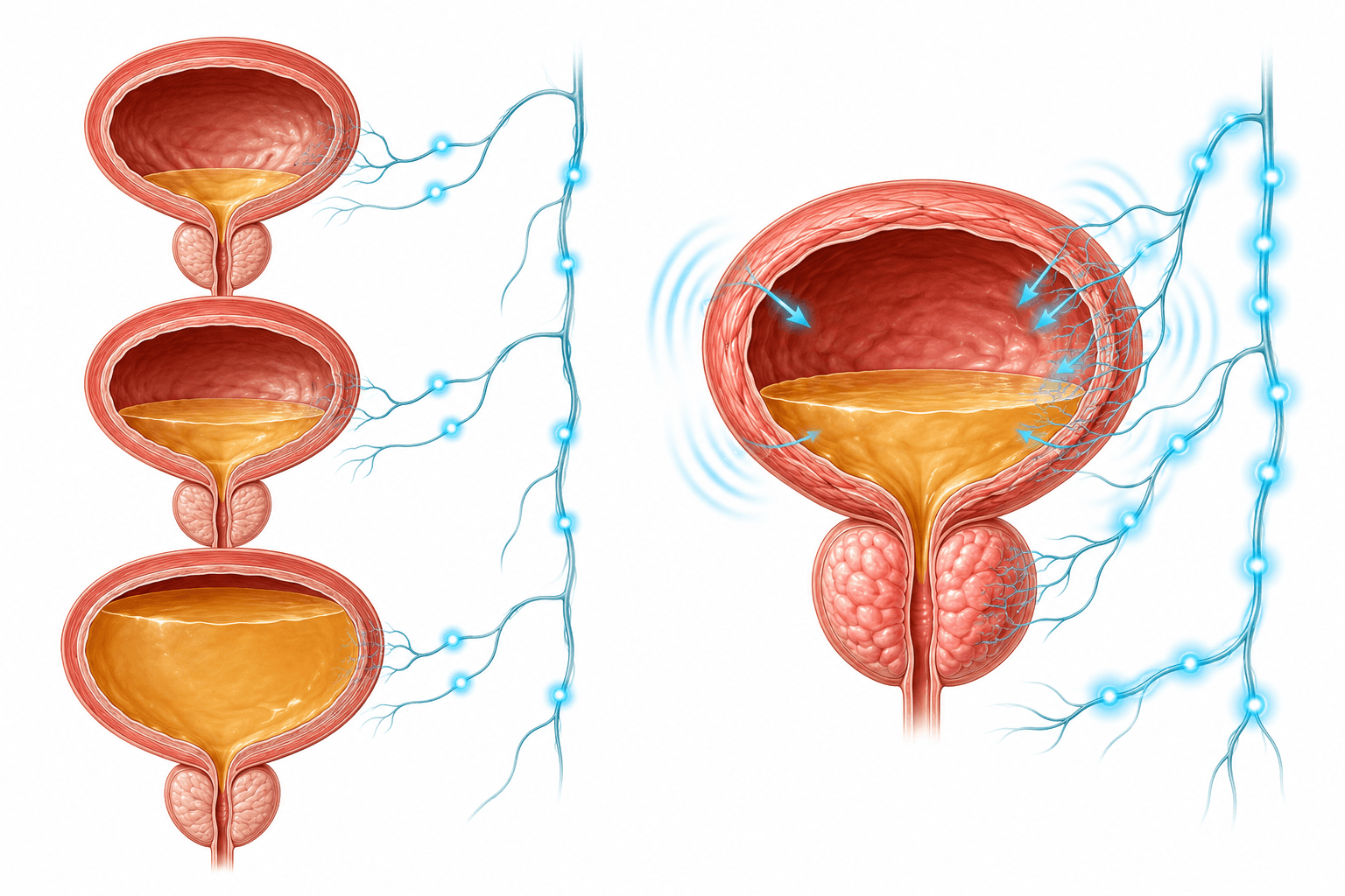 How Can BPH Cause Urinary Urgency? Bladder Outlet Obstruction and Storage Symptoms 2 Medical comparison of gradual bladder fullness signaling and exaggerated urgency signaling at lower volume