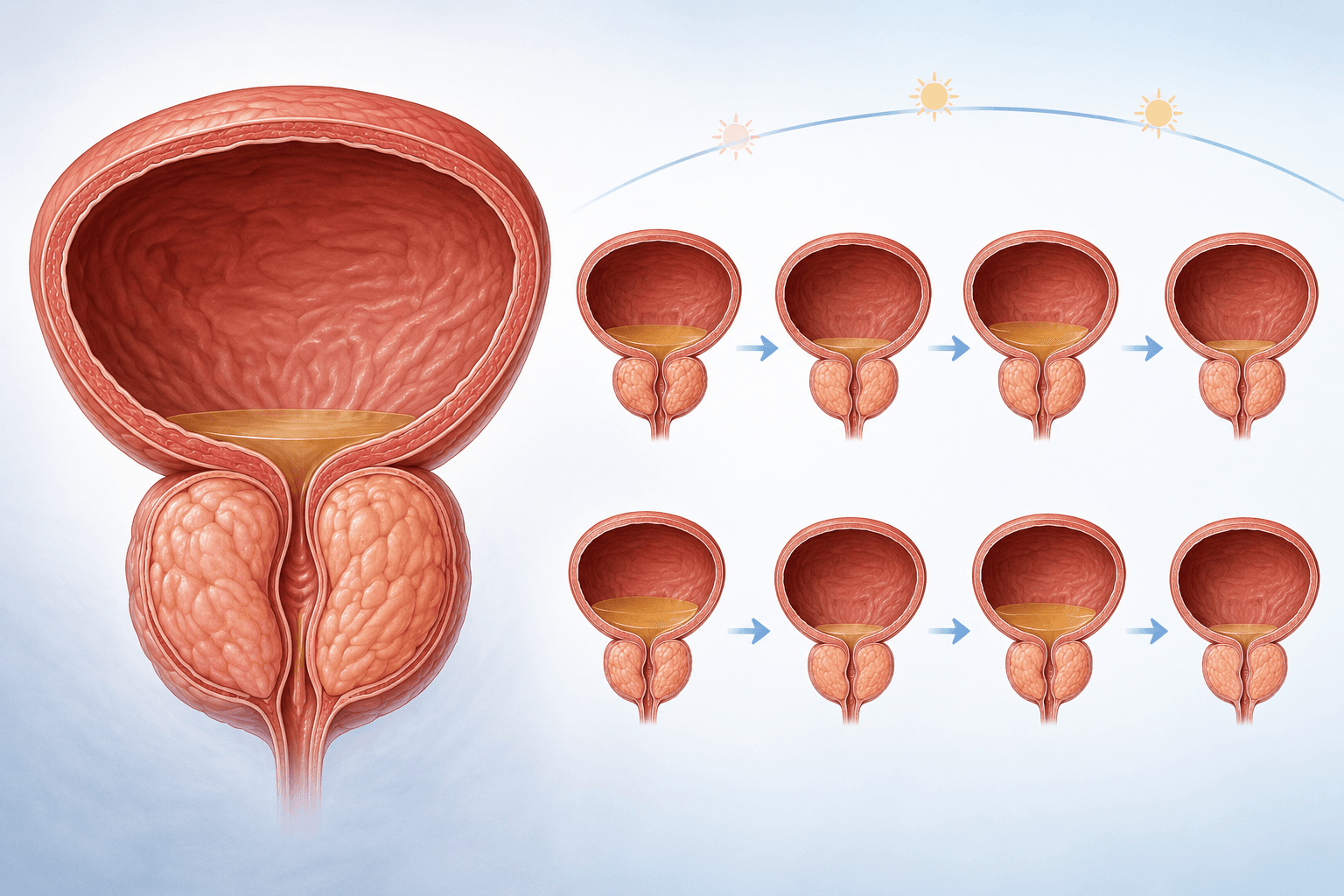 Medical illustration showing enlarged prostate, residual urine and repeated small daytime voiding cycles
