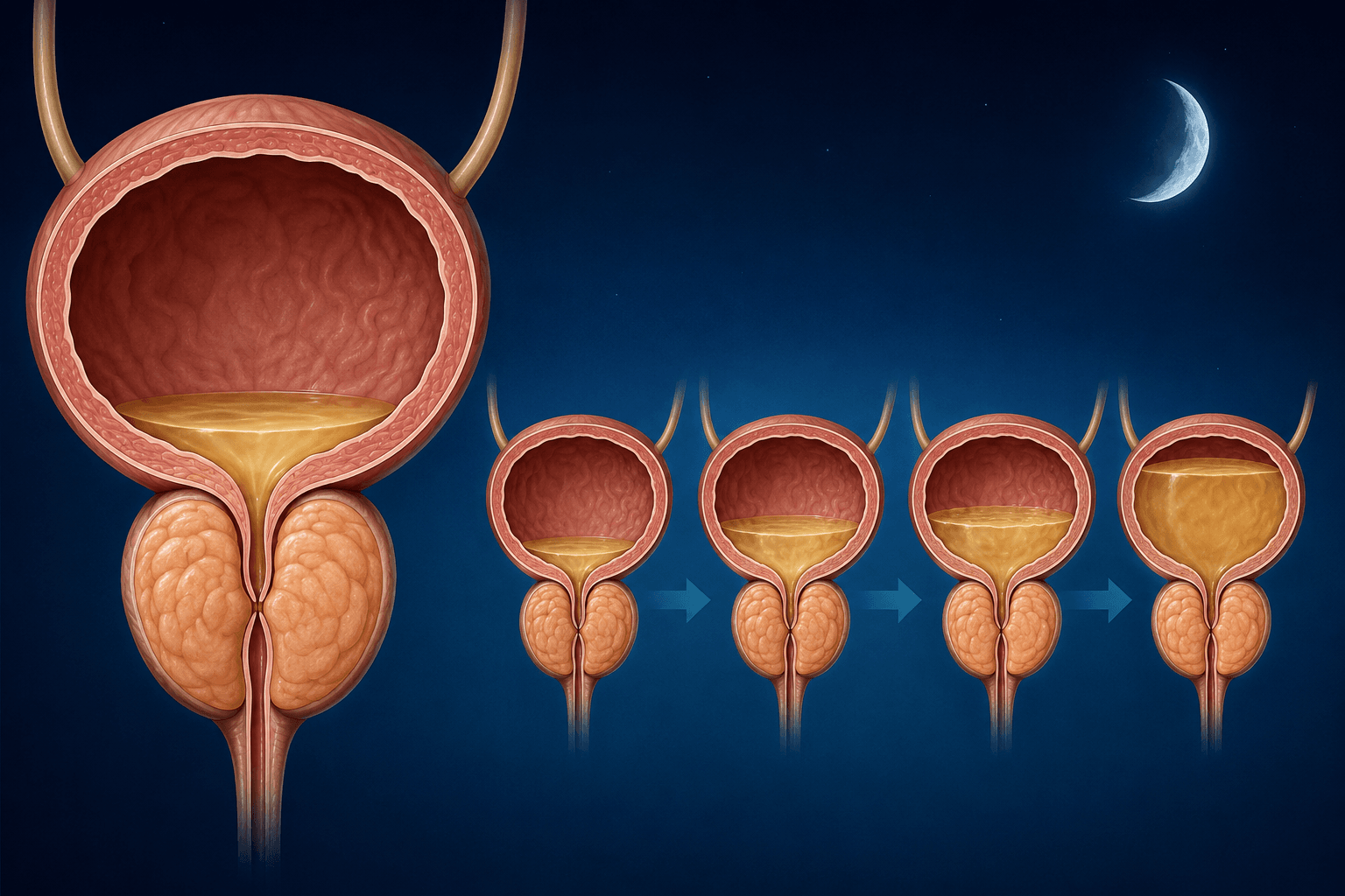 Medical illustration of enlarged prostate, residual urine and repeated nighttime bladder filling