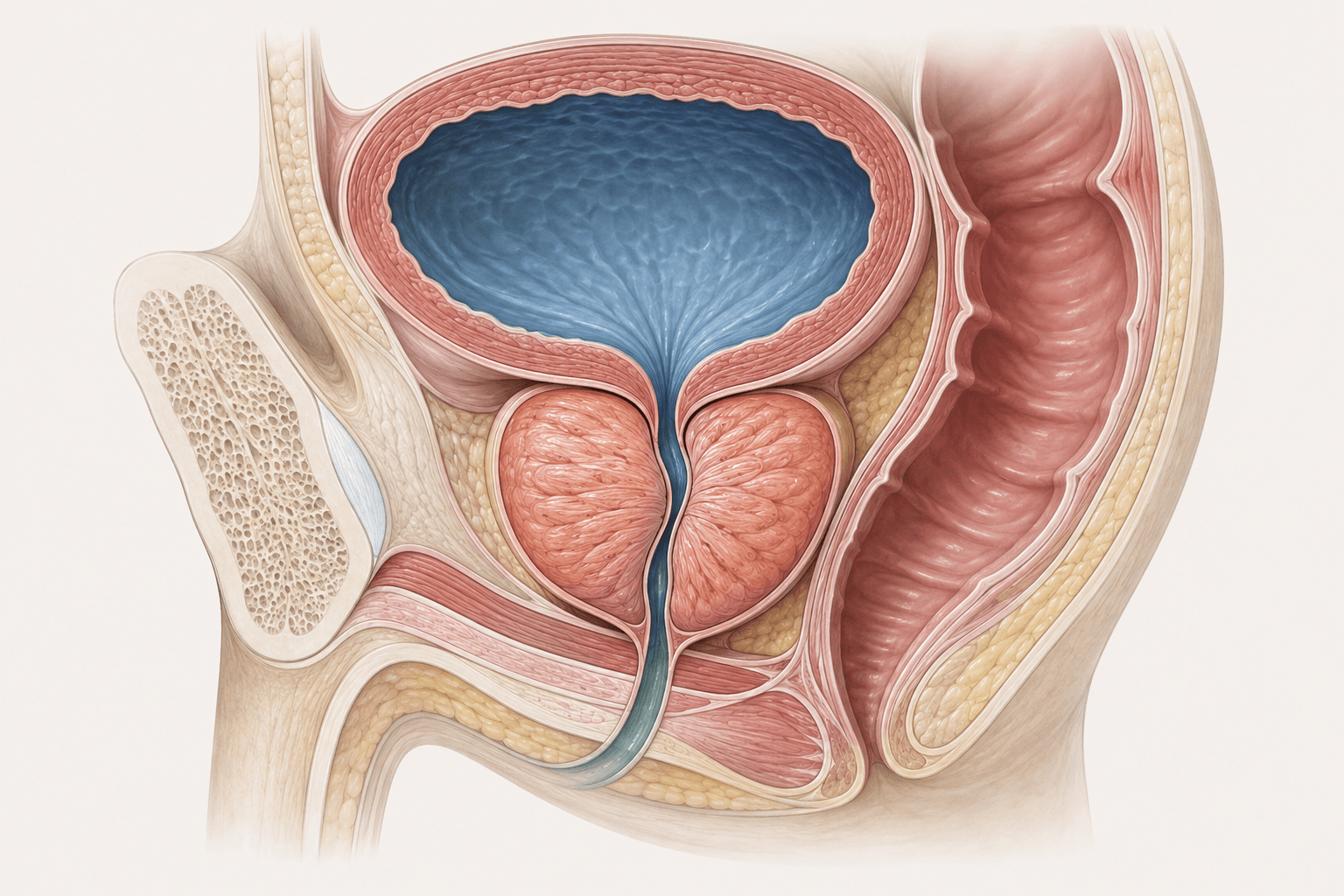 What Symptoms Can an Enlarged Prostate Cause? Voiding, Storage and Retention 1 Sagittal male pelvic anatomy showing an enlarged prostate narrowing the bladder outlet and prostatic urethra
