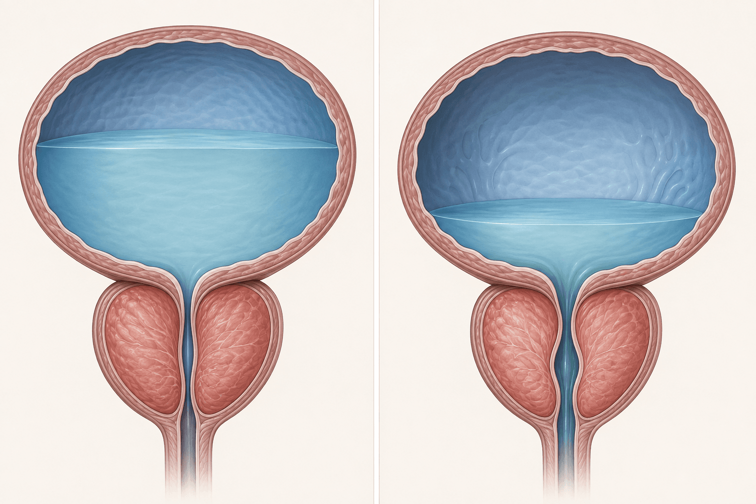 What Symptoms Can an Enlarged Prostate Cause? Voiding, Storage and Retention 2 Side-by-side male bladder and prostate illustration comparing the storage phase with voiding through a narrowed outlet