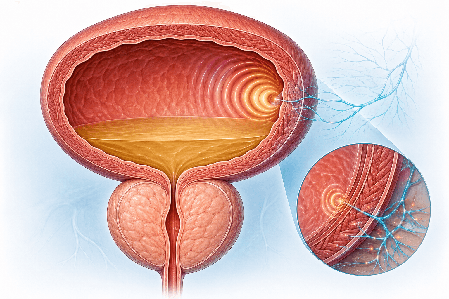 How Can BPH Cause Urinary Urgency? Bladder Outlet Obstruction and Storage Symptoms 1 Medical illustration of enlarged prostate, bladder-wall contraction and amplified urgency nerve signaling