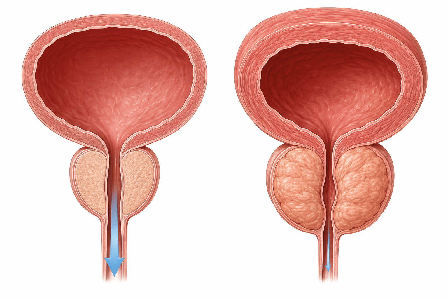 How Can an Enlarged Prostate Cause a Weak Urine Stream? Prostatic Obstruction Explained 2 Medical illustration comparing normal urine flow with enlarged prostate, narrowed urethra and bladder wall thickening