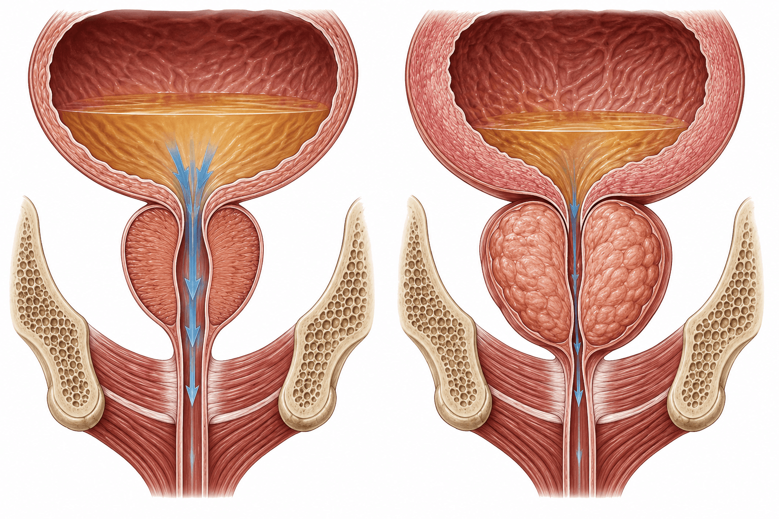How Can an Enlarged Prostate Cause a Weak Urine Stream? Prostatic Obstruction Explained 1 Medical comparison of an open prostatic urethra and benign prostate enlargement narrowing urine flow