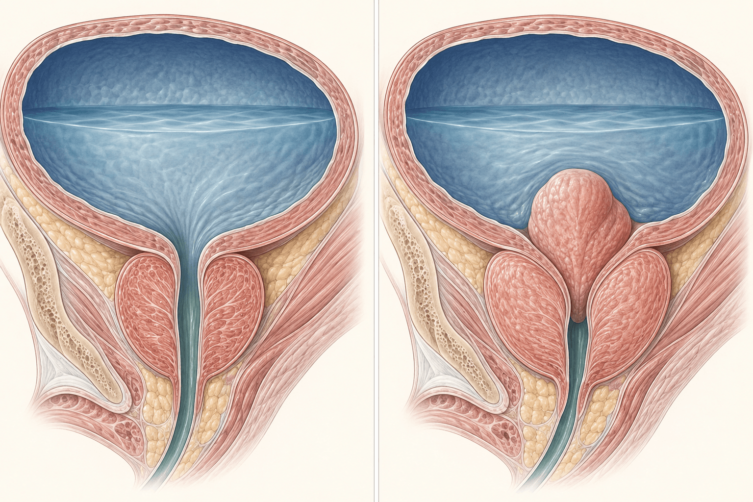 What Is Intravesical Prostatic Protrusion (IPP)? Median Lobe Growth and Bladder Outlet Obstruction 2 Side-by-side sagittal comparison of low and marked intravesical prostatic protrusion at the bladder outlet