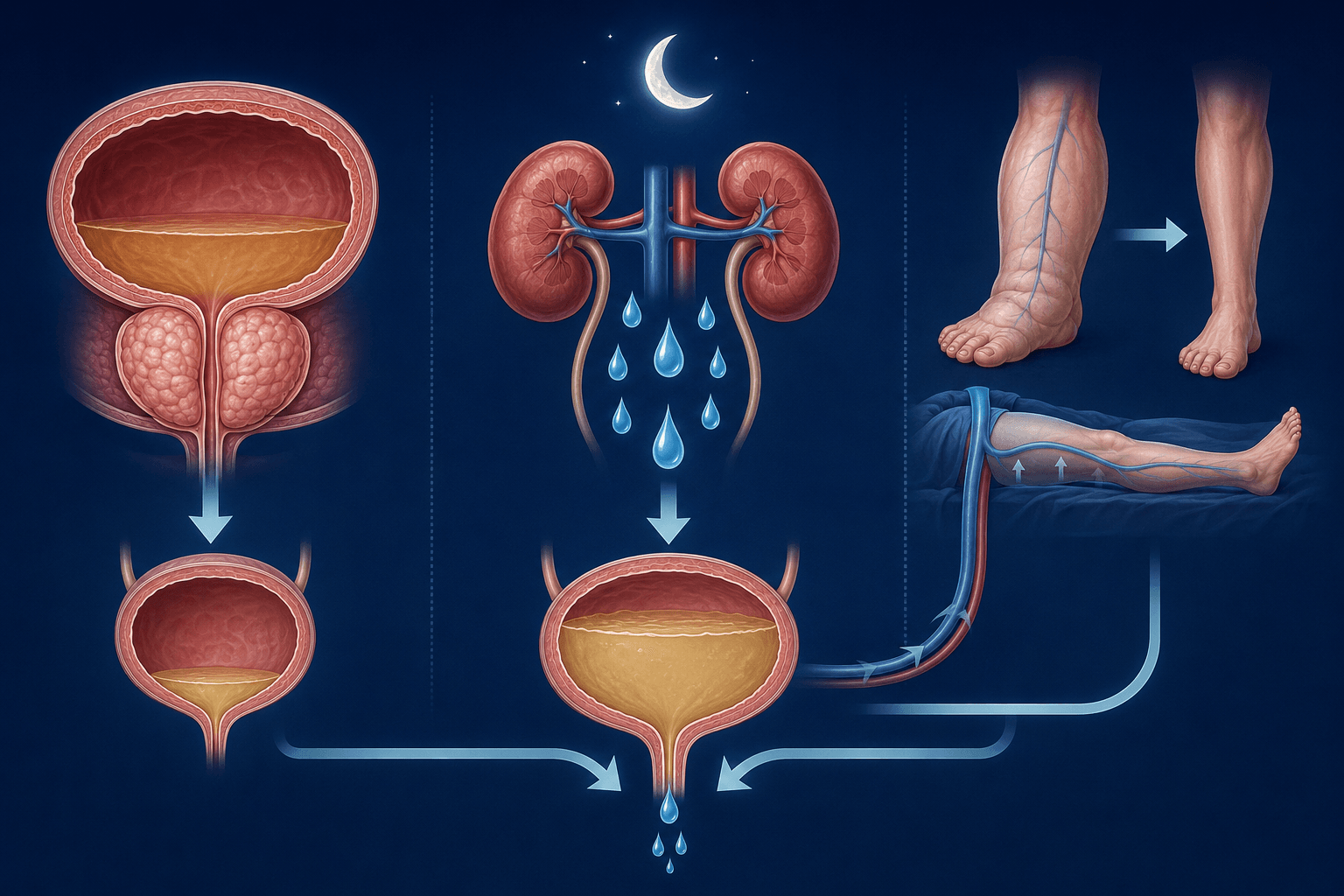 Medical illustration comparing prostate-related storage loss, excess nighttime urine production and leg-fluid redistribution