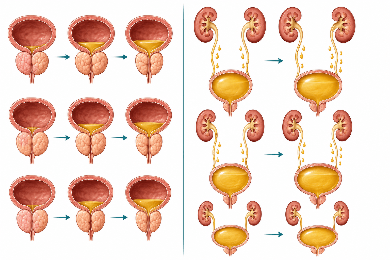 Medical comparison of frequent small bladder voids and large-volume urine production from the kidneys